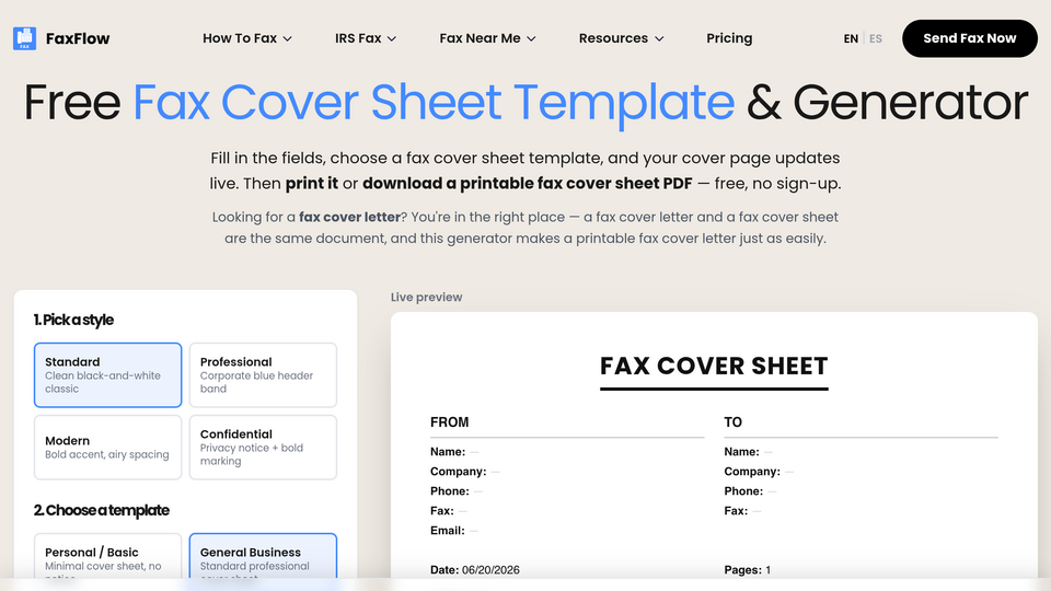 Screenshot of FaxFlow Cover Sheet