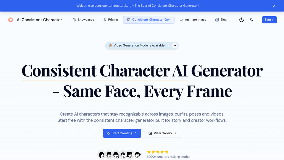 Screenshot of Consistent Character AI