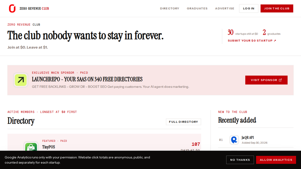 Screenshot of Zero Revenue Club