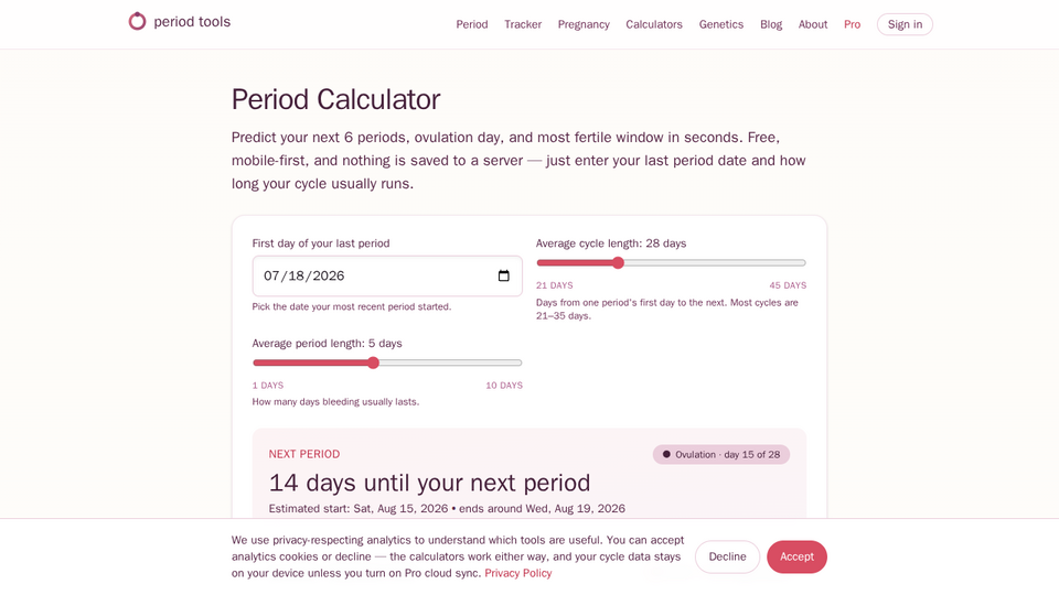 Screenshot of Period Tools