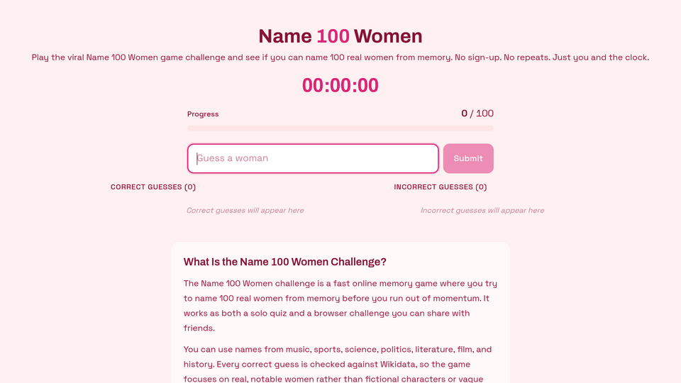Screenshot of Name 100 Women