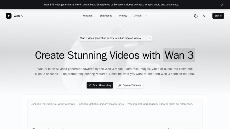 Screenshot of Wan AI Video Generator