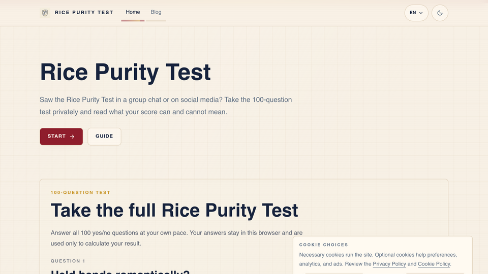 Screenshot of Rice Purity Test