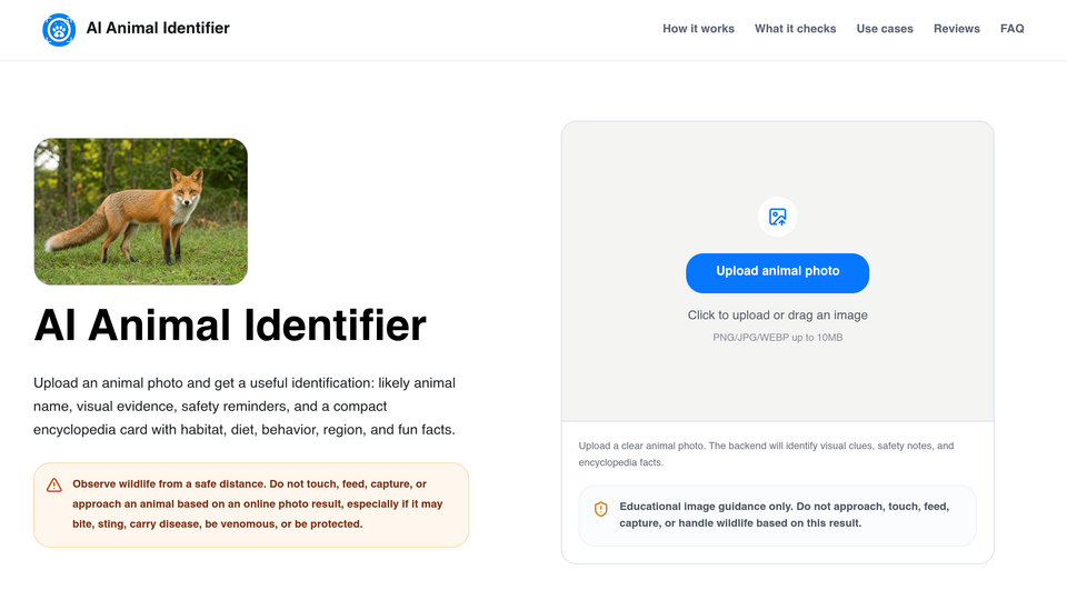 Screenshot of AI Animal Identifier