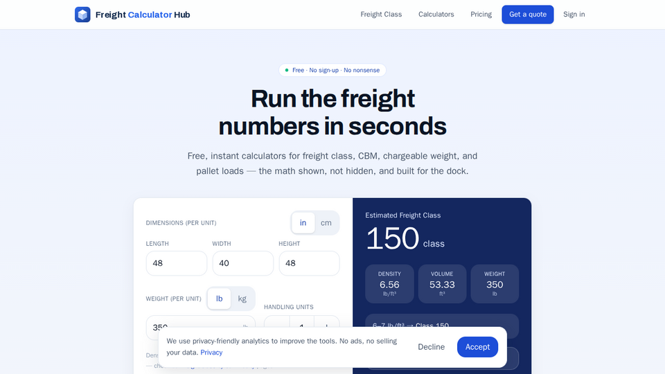 Screenshot of Freight Calculator Hub