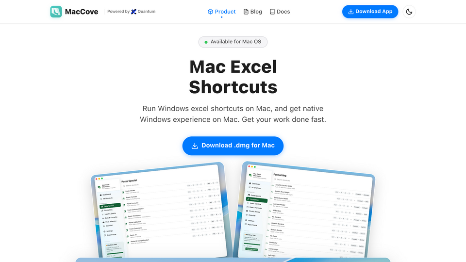 Screenshot of Mac Excel Shortcuts