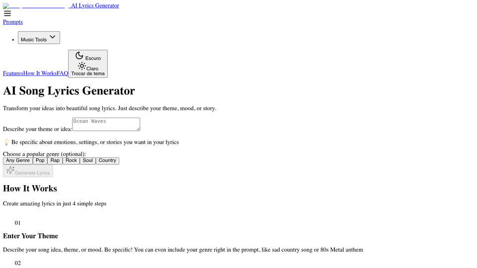 Screenshot of lyrics generator