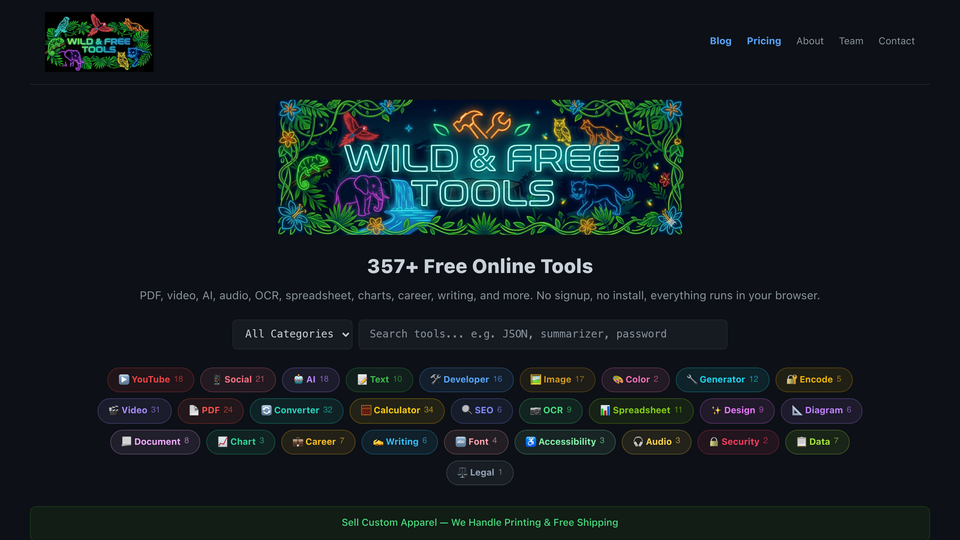 Screenshot of Wild and Free Tools