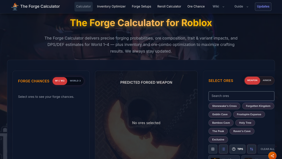 Screenshot of Roblox Forge Calculator
