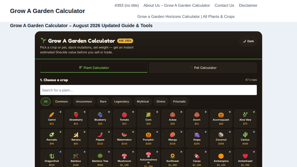 Screenshot of Grow A Garden Calculator