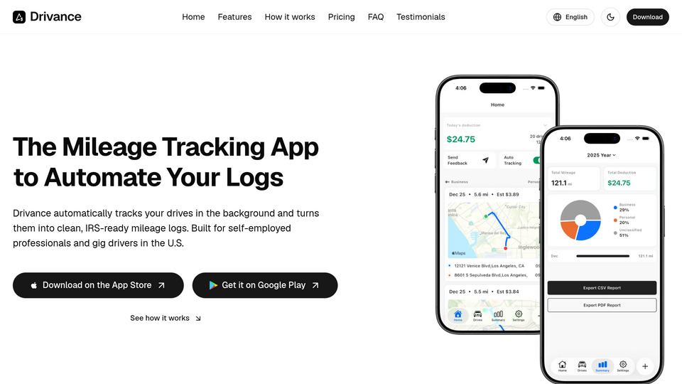 Screenshot of Drivance Mileage Tracker