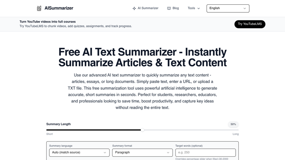 Screenshot of AISummarizer.org