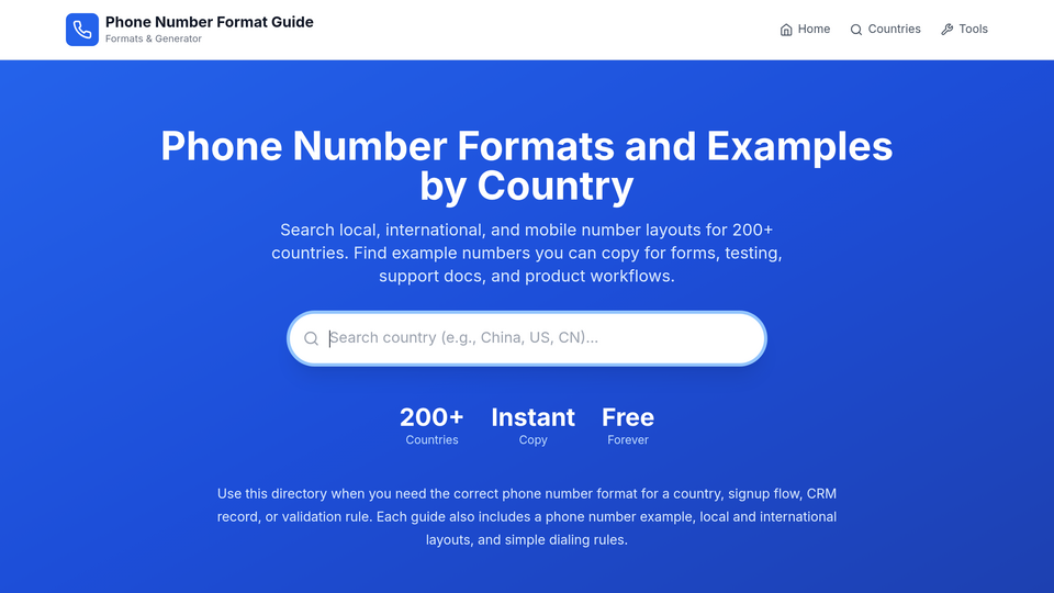 Screenshot of Phone Number Format Guide