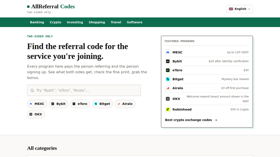 Screenshot of AllReferralCodes