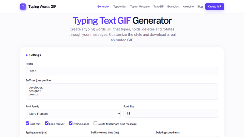 Screenshot of Typing Words GIF Generat
