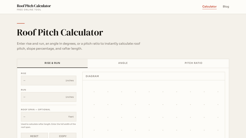Screenshot of Roof Pitch Calculator
