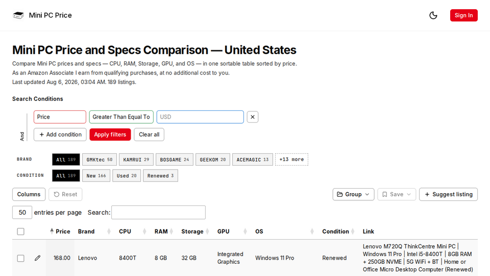 Screenshot of Mini PC Price