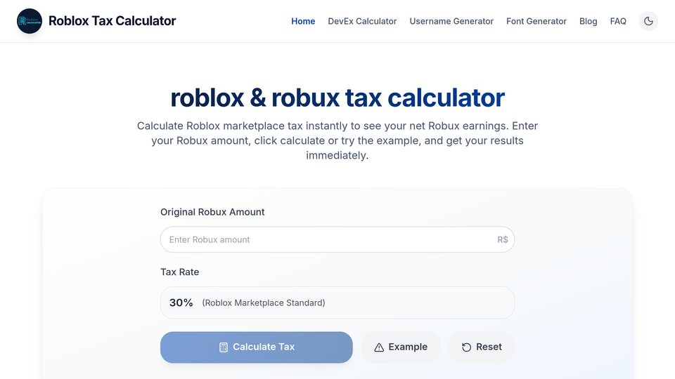 Screenshot of Robux Tax Calculator