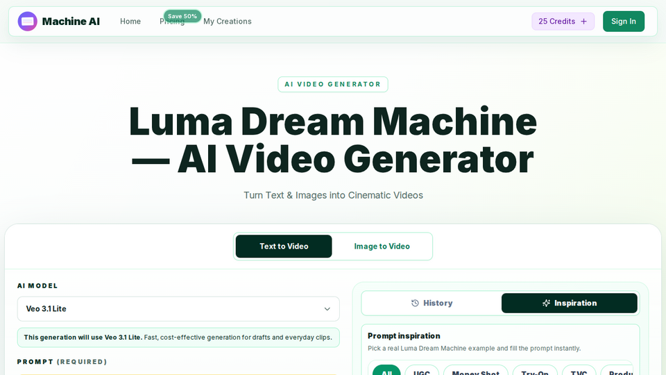 Screenshot of Luma Dream Machine