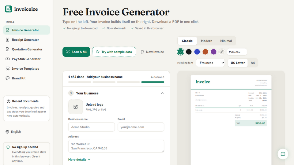 Screenshot of Invoiceize