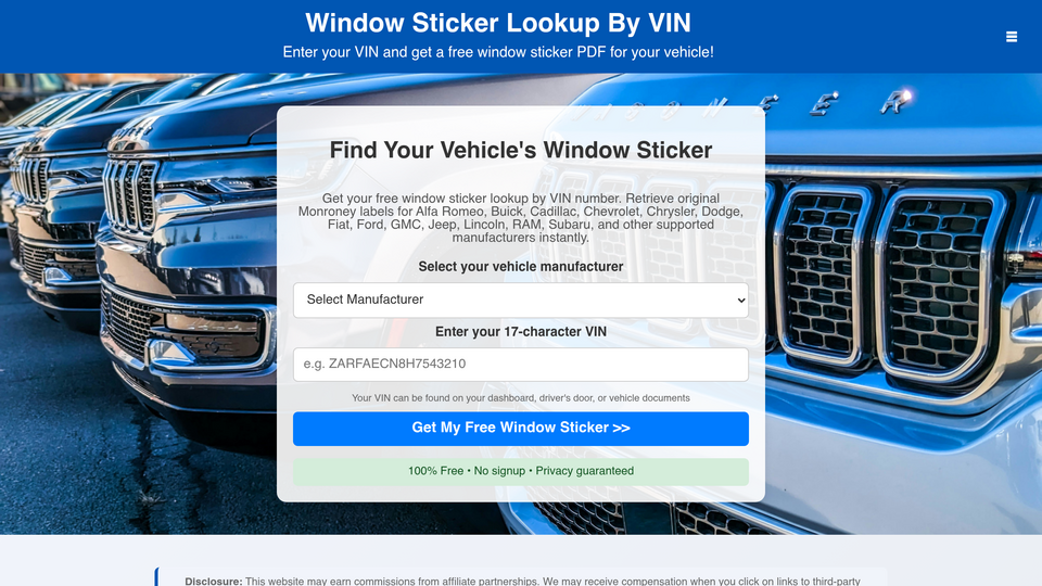 Screenshot of Window Sticker Lookup By VIN