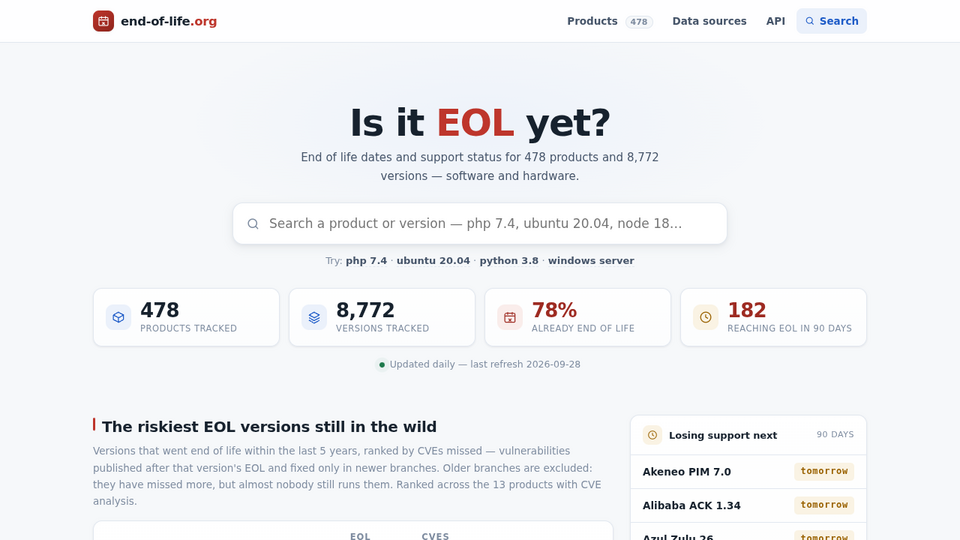 Screenshot of end-of-life.org