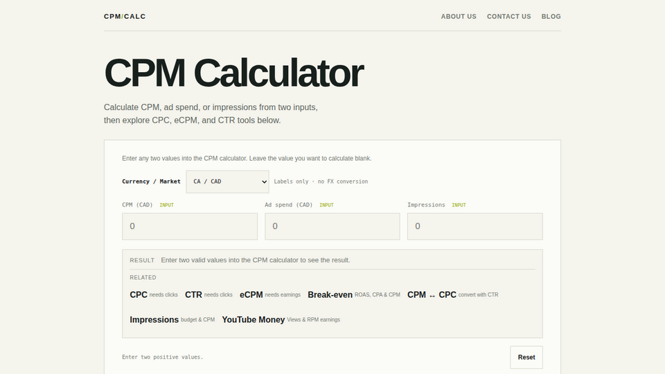 Screenshot of CPM Calculator