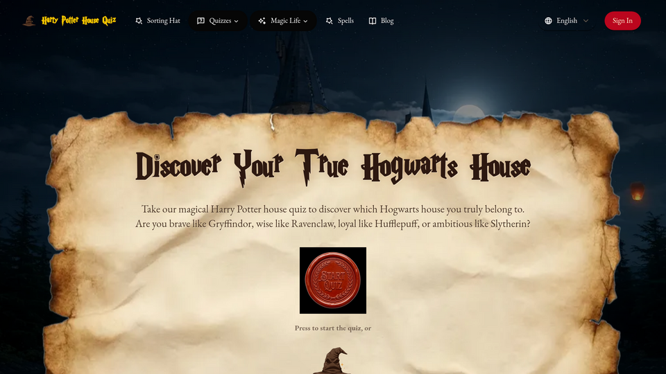 Screenshot of Harry Potter House Quiz