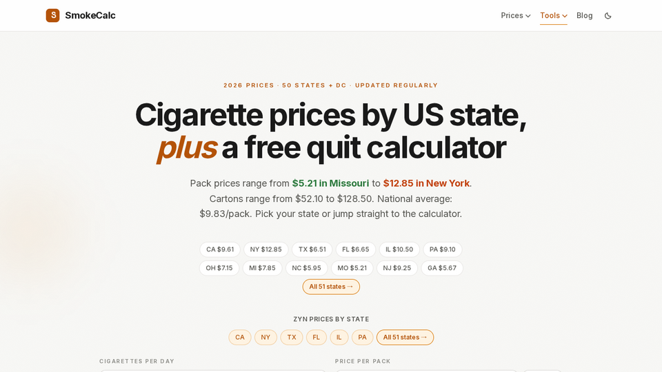 Screenshot of SmokeCalc