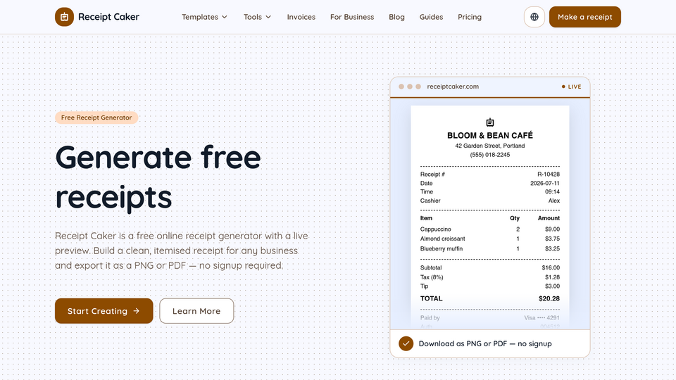 Screenshot of Receipt Caker