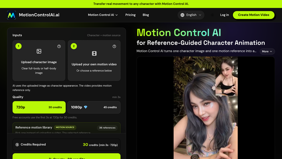 Screenshot of Motion Control AI
