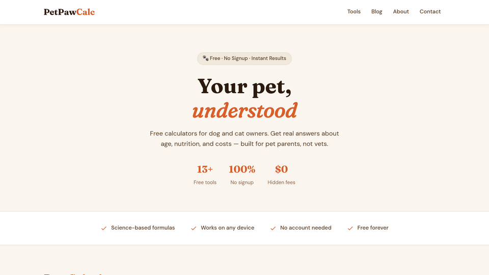 Screenshot of PetPawCalc