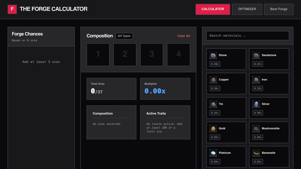 Screenshot of The Forge Calculator