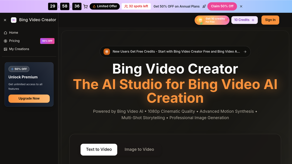 Screenshot of Bing Video Creator