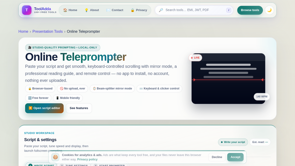 Screenshot of Online Teleprompter
