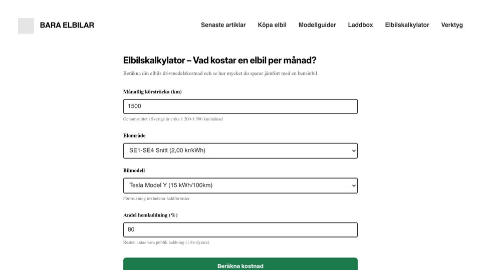 Screenshot of EV savings calculator