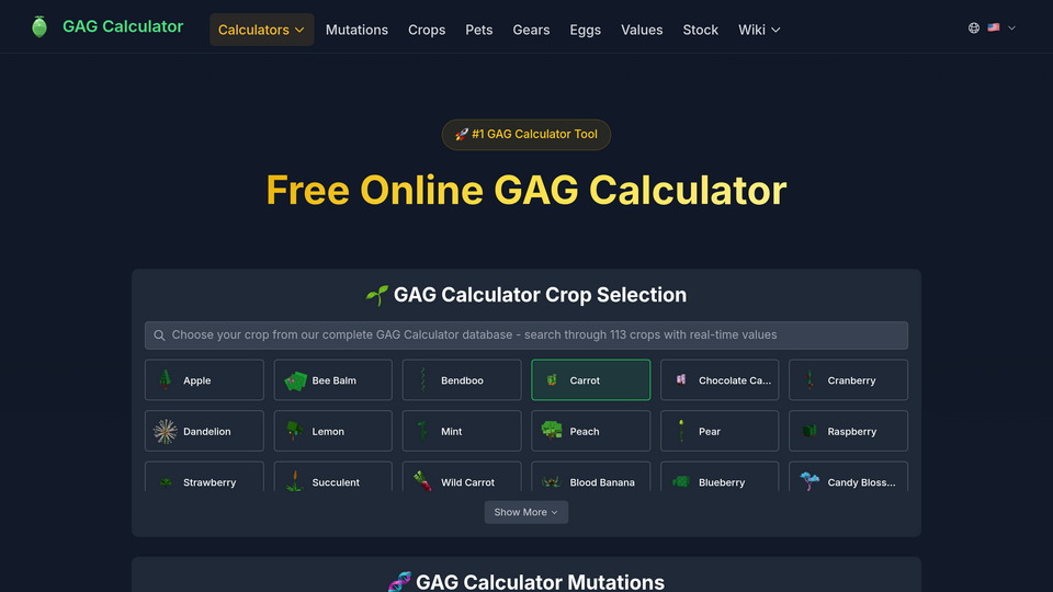 Screenshot of grow a garden calculator