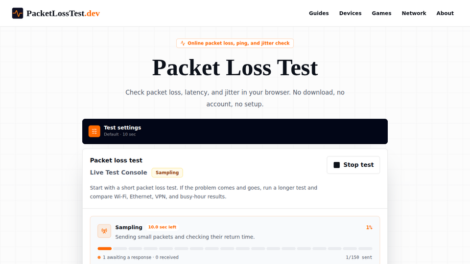 Screenshot of Packet Loss Test