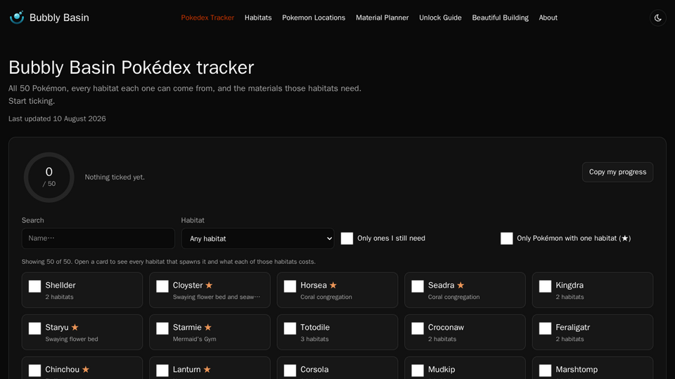 Screenshot of Bubbly Basin Pokedex Tra