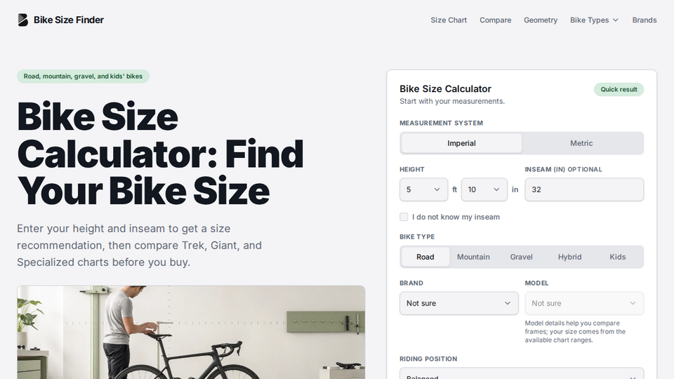 Screenshot of Bike Size Finder