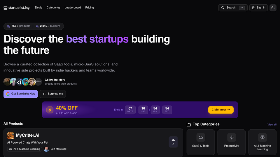 Screenshot of Startup Listing