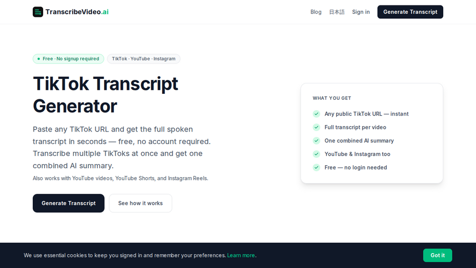 Screenshot of TranscribeVideo.ai