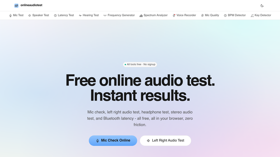 Screenshot of online audio test