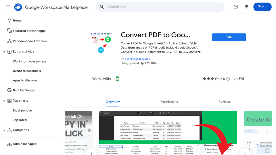 Screenshot of PDF to Google Sheets,CSV