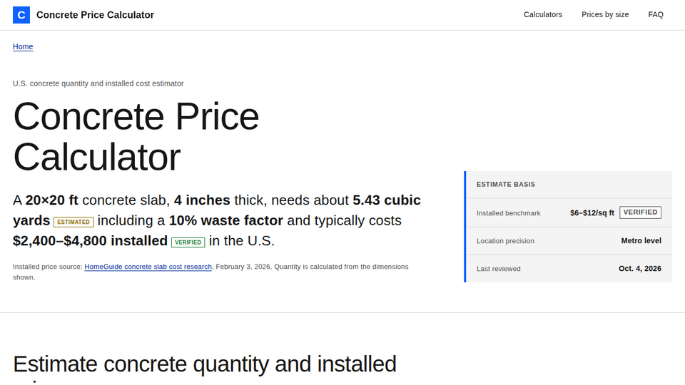 Screenshot of Concrete Price Calculato