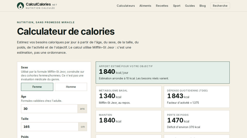 Screenshot of CalculCalories