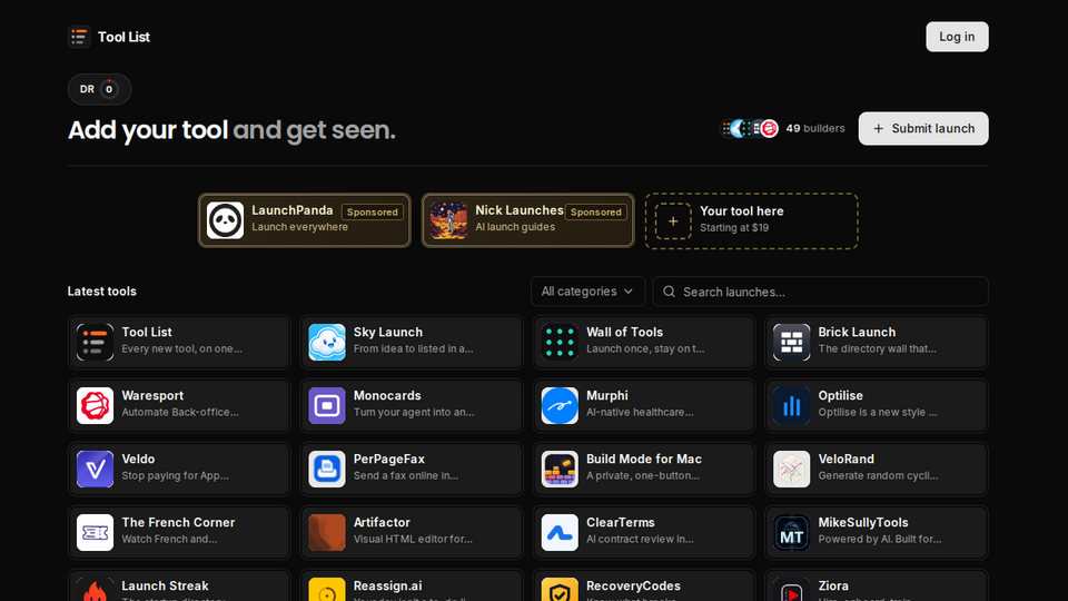 Screenshot of Tool List