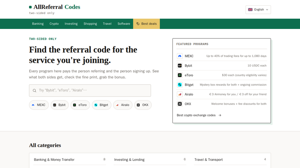 Screenshot of AllReferralCodes