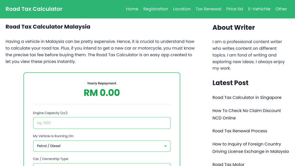 Screenshot of Road Tax Calculator MY