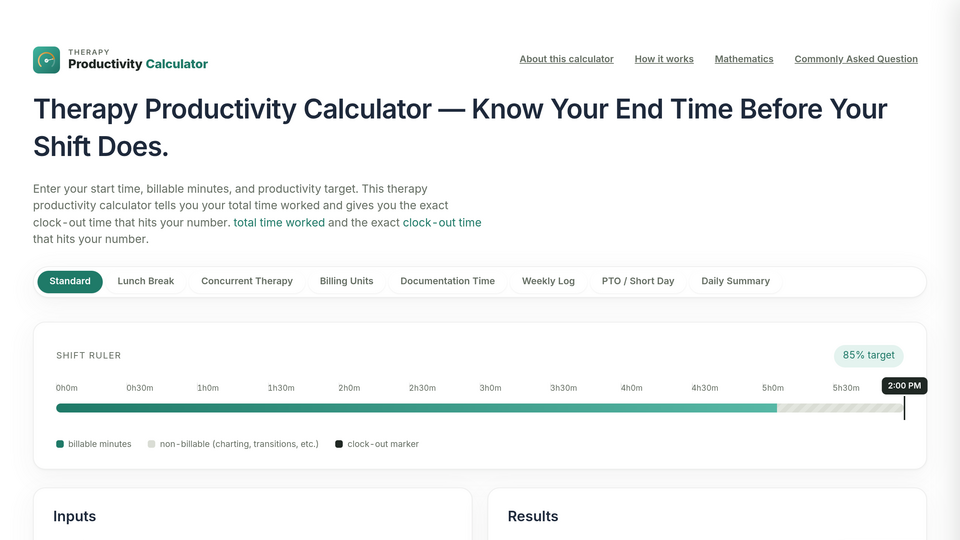 Screenshot of productivity calculator